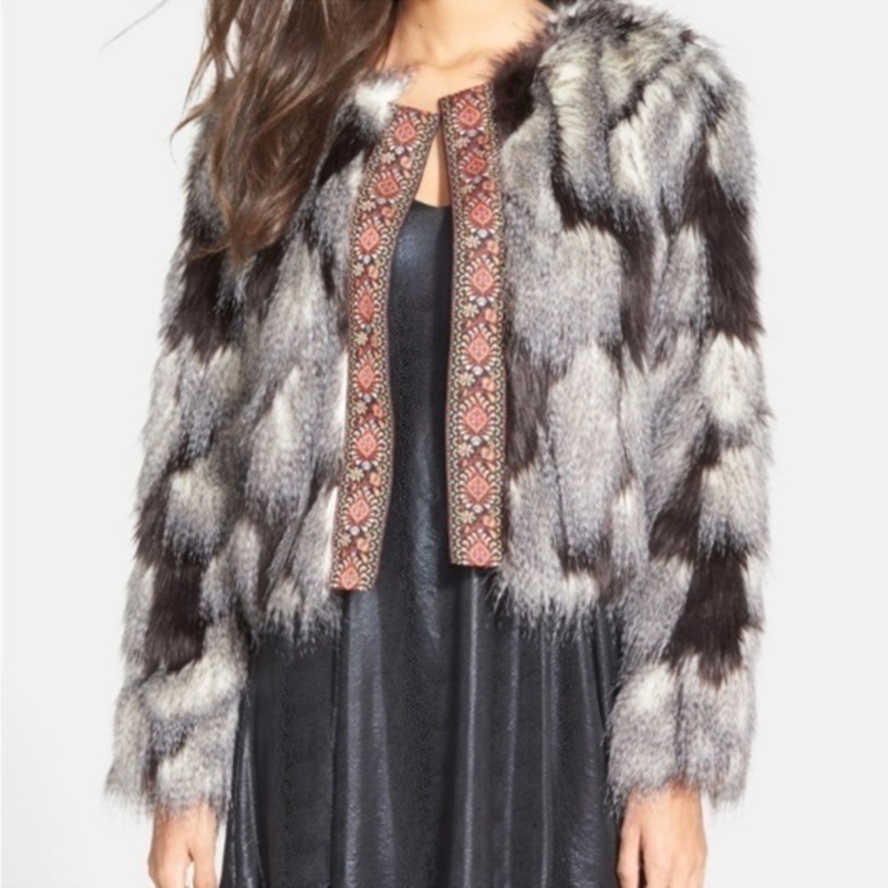 Leith Brocade Trim Faux Fur jacket